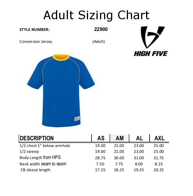 Adult Jersey sizing Chart