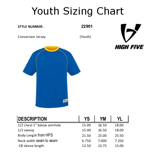 Youth Jersey sizing Chart